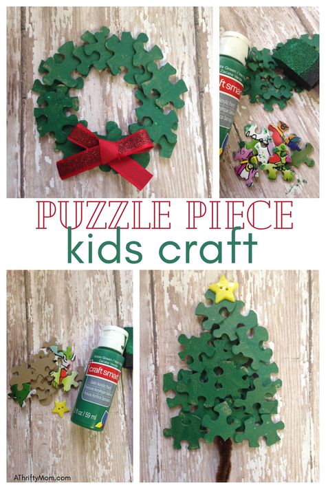 Puzzle piece Christmas craft for kids - A Thrifty Mom - Recipes, Crafts, DIY and more Christmas Craft Fundraiser Ideas, Puzzle Piece Diy Crafts, Puzzle Piece Ornaments Kids, Kids Christmas Arts And Crafts, Crafts For Mom Christmas, Puzzle Crafts Wall Art, Christmas Craft Ideas For Seniors, Puzzle Piece Christmas Crafts, Crafts From Puzzle Pieces