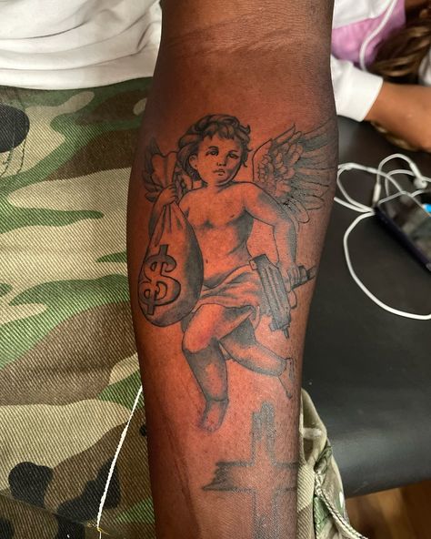 A N G E L . Fun little black and grey baby angel I got too as a nice little forearm tattoo. Thanks so much to my client for sitting so well and the trust 🙏 . Done by : @jordan_f_inked 🖊️ At studio: @morethanhype 📍 . For tattoo booking or enquiries DM @jordan📲 or WhatsApp 072 994 4960 ☎️ . #tattoos #forearmtattoo #angletattoo #capetowntattooartist #capetown #blackandgreytattoo Angle Tattoo, Grey Baby, Baby Angel, Forearm Tattoo, Black And Grey Tattoos, Tattoo Artists, Black And Grey, Jordan, Angel