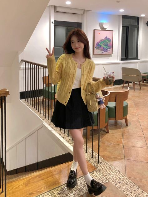 Cardigan Loafer Outfit, Korea Skirt Outfit, Korean Cute Outfits Skirts, Seville Spain Outfits Winter, Loafers Korean Outfit, Spring Korean Outfit, Korea Spring Fashion, Yellow Cardigan Outfit, Cardigan Outfit Korean