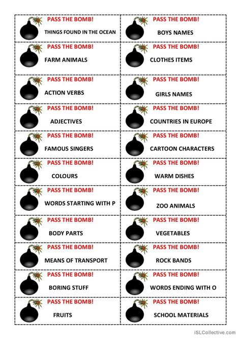 Pass the Bomb Game icebreaker: English ESL worksheets pdf & doc English Class Games, Esl Exercises, Conversation Games, Mystery Unit, English Games For Kids, Teach English To Kids, Esl Games, Esl Activities, Ice Breaker Games