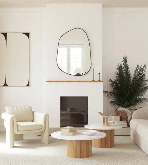 Neutral Aesthetic Room, Beige Neutral Aesthetic, Aesthetic Mirror Wall, Mirror Asymmetrical, Large Mirror Wall, Mirror And Sconces, Large Floor Mirror, Mirror Interior Design, Scalloped Mirror