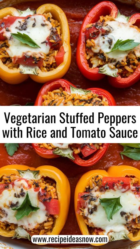 Easy Vegetarian Stuffed Peppers with Rice and Tomato Sauce Recipe. Try this delicious and easy Vegetarian Stuffed Peppers recipe, packed with flavorful rice, savory tomato sauce, and a blend of spices. Perfect for a healthy dinner or meal prep, these stuffed peppers are a great vegetarian option that’s simple to make and full of nutrients. Follow our step-by-step guide for a hearty, meat-free meal that the whole family will love! Rice Stuffed Peppers Vegetarian, Stuffed Peppers Without Meat, Vegan Stuffed Peppers Recipe, Stuffed Bell Peppers Vegetarian, Rice And Tomato Sauce, Vegetarian Stuffed Bell Peppers, Stuffed Peppers Vegetarian, Flavorful Rice, Stuffed Peppers With Rice