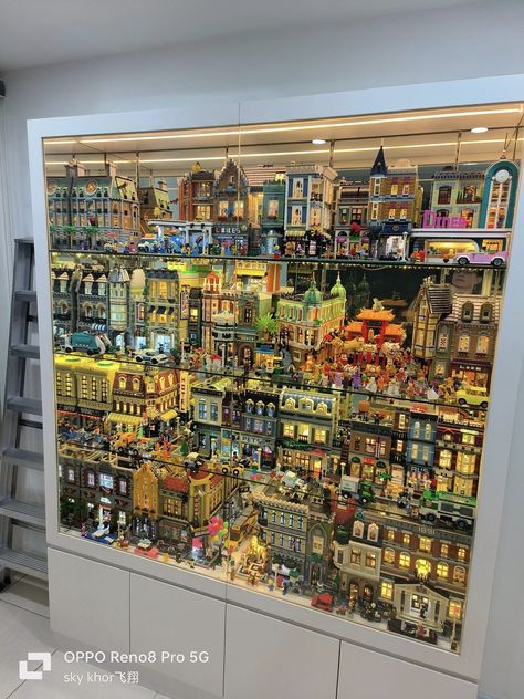 Lego Collection Room, Lego Modular Buildings Display, Lego Room Display, Lego Display Ideas Adult, Lego Collection Display, Lego Set Display, Collectors Room Ideas, Lego City Display, Lego Display Shelf