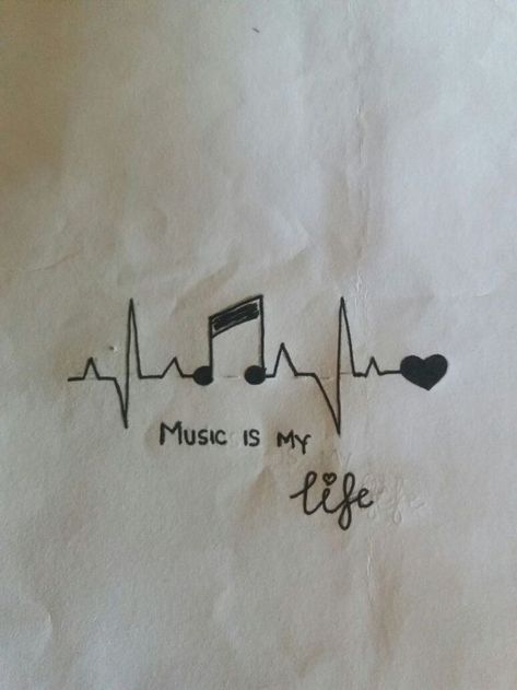 Music Is My Life Tattoo, Music Is My Life Drawing, I Love Music Tattoo, Love Music Tattoo Ideas, Love Of Music Tattoos, Love For Music Tattoo, Music Tattoo Simple, Heart Music Tattoo, Music Doodles Aesthetic