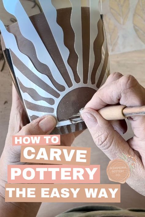 Carving clay made easy! Fun tutorial for hand-carving pottery. Learn how to make pottery projects step by step. Easy Ceramics! Mugs, Vases and more... Pottery Gift For Him, Ceramic Mug Glazing Ideas, Ceramics Projects Handbuilding Pottery Ideas, Texture Pottery Ideas, Cricut Pottery Projects, Carving On Pottery, Scrafitto Ceramics Ideas, How To Carve Pottery, Glazing Carved Pottery