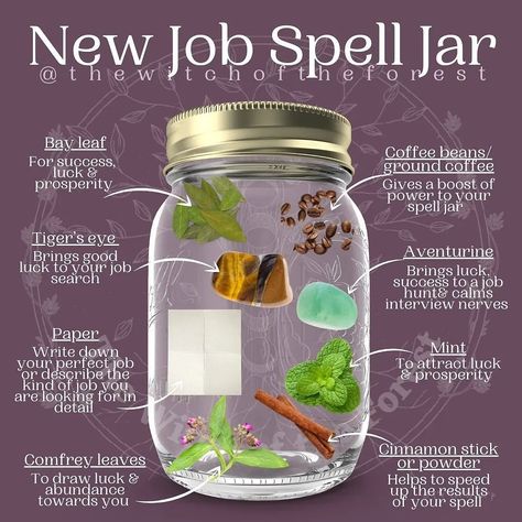 @mysticwitchofthemoon’s Instagram post: “New job spell jar by @thewitchoftheforest for spells jars I keeps them on or near my person or on my altar so I can see and or touch it to…” New Job Witchcraft, Luck Spells Witchcraft Jar, Spell Jars Recipes Protection, Get The Job Spell Jar, Good Luck Rituals, New Job Spell Jar, Dream Job Spell, Job Spell Magic, Job Spell Jar