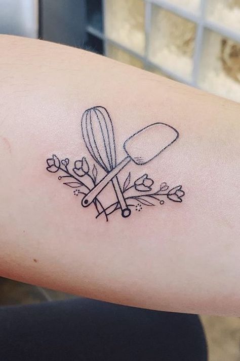 Bake Tattoos, Apron Tattoo Ideas, Tattoo Ideas For Bakers, Cute Chef Tattoo, Small Baking Tattoo Ideas, Baking Inspired Tattoos, Small Baking Tattoo, Crafting Tattoo Ideas, Bakery Tattoo Ideas