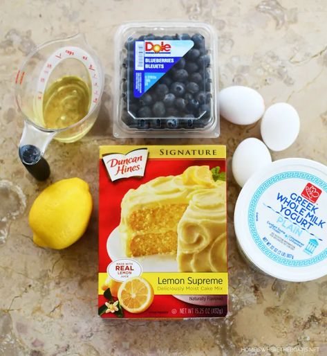 If you’re a fan of lemon and blueberries, this ‘doctor the box’ recipe delivers on flavor. Greek yogurt is something I always have in the fridge and it adds a little tang and makes for a moist cake that’s topped with a simple and easy lemon glaze. This recipe will yield two 8 x 4-inch loaf cakes, so you’ll have one to enjoy and one to share or freeze. Easy Lemon Glaze, Lemon Cake Mix Recipe, Blueberry Loaf Cakes, Blueberry Cake Mix, Lemon Blueberry Cupcakes, Lemon Blueberry Loaf, Lemon Blueberry Cake, Boxed Cake Mixes Recipes, Blueberry Loaf