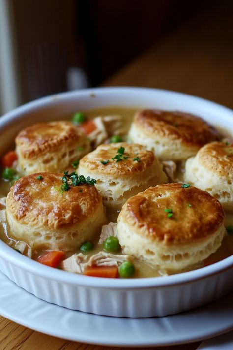 Baking dish filled with chicken pot pie topped with golden, flaky biscuits. Chicken Pot Pie Recipe With Gravy, Lightened Up Chicken Pot Pie, Chicken Pot Pie Using Canned Biscuits, Rustic Chicken Pot Pie, Chicken Pot Pie Biscuit Casserole, Chicken Pie Biscuits, Chicken Recipes Pot Pie, Chicken Pie With Biscuits, Chicken Pot Pie Bubble Up Casserole