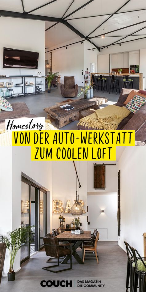 livinginthegarage hat die alte Autowerkstatt ihre Vaters zu einem stylishen Loft umgebaut. #loft #homestory #sanieren #renovieren #einrichten #wohnen #COUCHstyle Industrial Workspace, Loft Stil, Modern Loft, Work Space, Favorite Places, Loft, Couch, Patio, Outdoor Decor