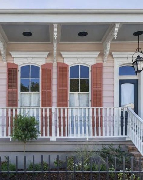 Pink house with coral shutters. Pink Shutters On House, Shutters On House, Pink Shutters, Pink Porch, Shotgun House, Shed Dormer, New Orleans Homes, Green Velvet Sofa, Cape Cod House