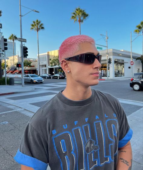 Pink Buzzcut Men, Pink Hair Guy, Bleached Hair Men, David Hair, Boys Colored Hair, Buzz Cut Hairstyles, Shades Glasses, Hair Colour Design, Dyed Hair Men