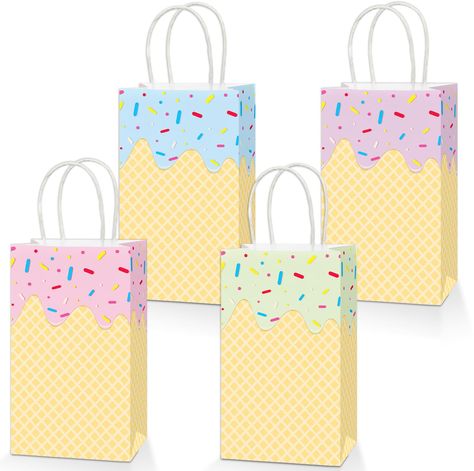 PRICES MAY VARY. Package includes: You'll get 16pcs ice cream gift bags in 4 different designs. The size is 8 x 4.7 x 3 inches/20 x 12 x 8cm. The suitable size of the greenery paper bags can hold party favors, such as cookies, chocolates, candies, toys, snacks, soaps, handicrafts,and small gifts. Premium material: The summer ice-cream goodie bags are made of durable kraft paper, ensuring that they can hold different types of gifts without tearing or breaking. The handles are also well-constructe Sweet One Goodie Bags, Ice Cream Themed Party Favors, Ring Pop Birthday, Ice Cream Gift Ideas, Ice Cream Theme Birthday Party, Ice Cream Party Favors, Icecream In A Bag, Sweets Party, Ice Cream Party Theme