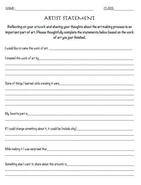 Resource: Artist Statement Worksheet - reflection sheet art education, art lesson review Artist Statement Worksheet, Artists Statement, Artist Questions, Reflection Worksheet, Reflection Sheet, Art Assessment, Art Reflection, Art Rubric, Drawing Man