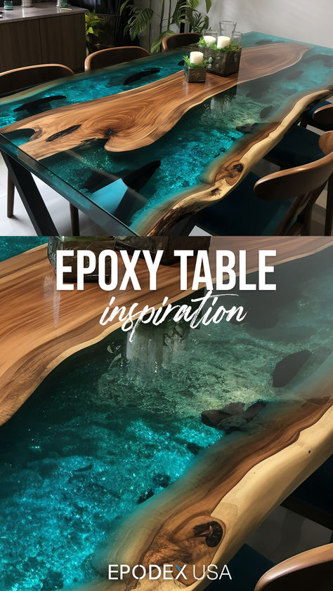 transparent blue epoxy resin river table Ocean Resin Table, Apoxie Resin Ideas, Wood Resin Table, Epoxy Tables, River Tables, Epoxy Projects, Ocean Resin, Epoxy Resin Table, Wood Projects Diy