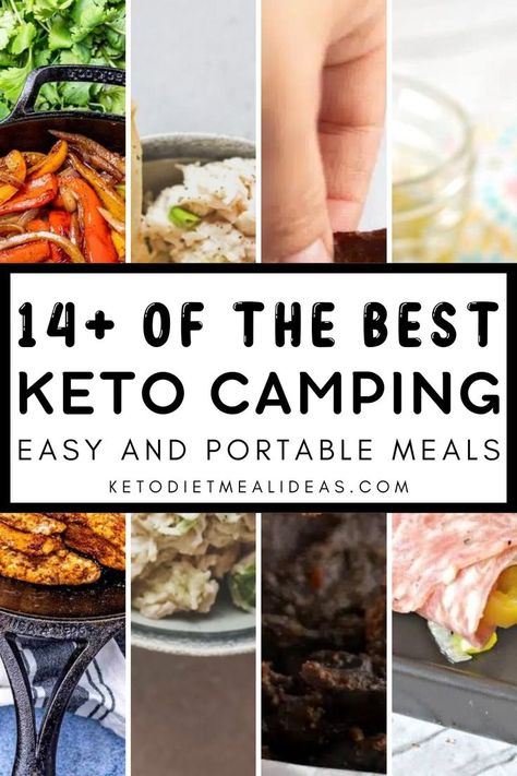 A collage of various keto-friendly meals, including grilled skewers, avocado with egg, and meat rolls, perfect for camping and outdoor meal inspiration. Keto Camping Food Ideas, Keto Travel Snacks, Keto Camping Food, Keto Camping, Portable Meals, Hearty Breakfasts, Outdoor Meals, Foil Pack Meals, Camping Foods