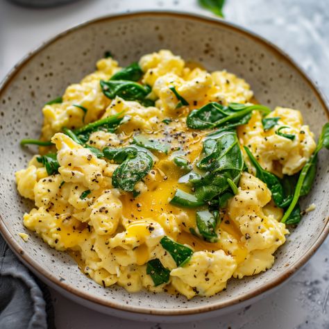 Scrambled Eggs with Cheese and Sautéed Spinach Eggs Spinach Breakfast, Egg With Spinach Breakfast, Eggs And Spinach Recipes, Eggs With Spinach Breakfast, Spinach Breakfast Recipes, Egg Spinach Breakfast, Egg And Spinach Breakfast, Simple Egg Recipes, Spinach Scrambled Eggs