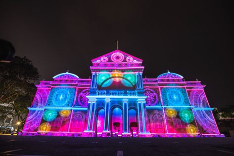 Projection Mapping Building, Town Festival, 3d Projection Mapping, 3d Mapping, 3d Projection, Barbie Halloween, Colored Lights, George Town, Projection Mapping