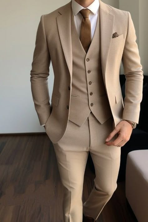 Neutral Color Suits For Men, Tan 3 Piece Suit Men, Light Brown Groom Suit, Light Brown Suit Men, Wedding Coat For Men, Pant Coat For Men, Brown Suit Men, Coat Pant For Men Suits Wedding, Brown Wedding Suit