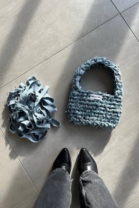 Handmade crochet shoulder bag made from upcycled denim. Now available on my instagram @studio.lot.nl 💌  Send me a DM for custom orders! 💗#crochet #crochethandbag #smallbusiness #crochetbagsforsale #studiolot #tshirtyarn #recycled #sustainablefashion #shoulderbag #handbag #slowfashion #denim Crochet With Denim, Crochet Bag Decoration, Shoulder Bag Crochet Pattern, Luxury Crochet Bag, Denim Crochet Bag, Upcycle Handbags, Handbag Crochet Pattern, Upcycle Bag, Bag Branding