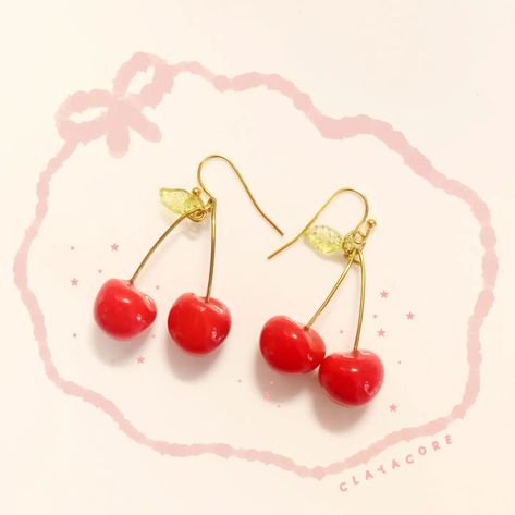 Cherry earrings, made with polymer clay, red cherry, french ear hooks, gold jewellery findings, in stock Clay Cherry, Cherry Earrings, Polymer Clay, Cherry