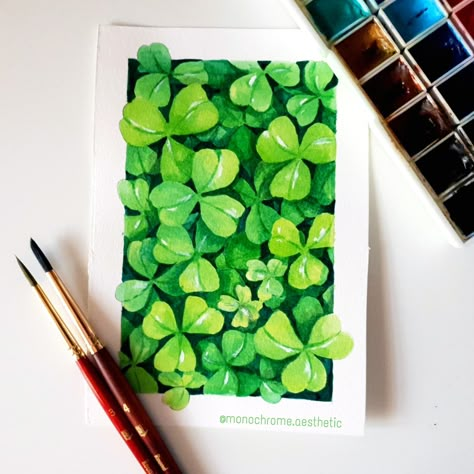 How To Paint A Four Leaf Clover, 4 Leaf Clover Painting, 3 Leaf Clover Drawing, Clover Field Drawing, Clovers Drawing, Clover Watercolor Painting, Four Leaf Clover Painting, Leaf Gouache, 4 Leaf Clover Drawing