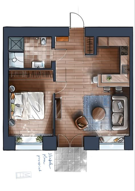 Small Apartment Plans, Studio Apartment Floor Plans, 3d Floor Plans, Decor Fireplace, Apartment Floor Plan, House Floor Design, Decor Curtains, Small Apartment Design, Apartment Floor Plans