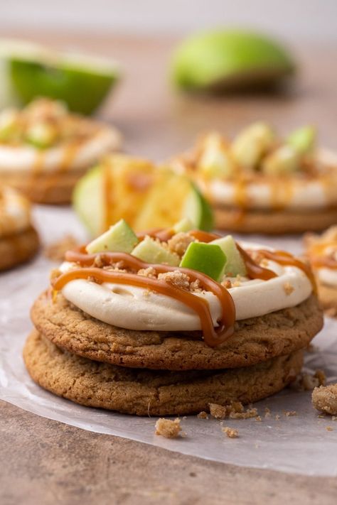 The BEST Apple Caramel Cookies - Crumbl Copycat - Lifestyle of a Foodie Crumble Cookie Copycat Recipe, Crumble Cookie Copycat, Copycat Crumbl Cookies, Crumbl Cookie Recipes, Crumbl Cookie Recipe, Caramel Cream Cheese Frosting, Caramel Crumble, Cookies Crumbl, Crumbl Copycat