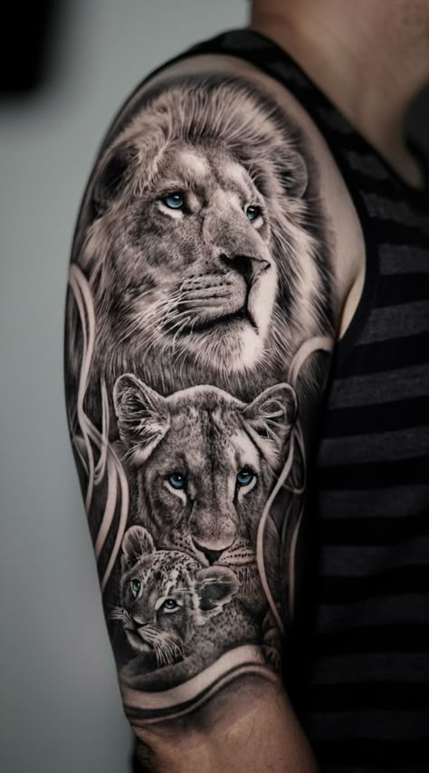 Lion Two Cubs Tattoo, Mens Daughter Tattoo Ideas, Pride Of Lions Tattoo, Protective Lion Tattoo, Lion Tattoo Sleeve Men, Lion Pride Tattoo, Lion Tatoos Men Art Designs, Lion With Cubs Tattoo, Lion Family Tattoos For Men