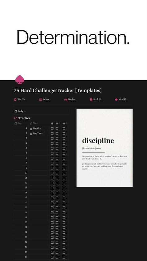 75 Hard Challenge Notion Template: A simple and effective way to track your progress on the 75 Hard #75_Hard_Tracker #75_Hard_Challenge_Tracker #75_Hard_Challenge #Notion_Inspo 75 Hard Tracker, Free Notion Templates, 75 Hard Challenge, Hard Challenge, Notion Inspo, 75 Hard, Challenge Tracker, Project Management Templates, Notion Templates