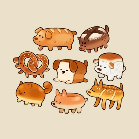 Food Animal Illustration, Bread Character Design, Dog Treat Drawing, Animal Food Drawing, Bread Illustration Design, Bread Doodle, Bread Animals, Animal Bread, Bread Character