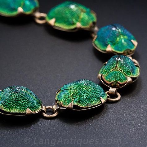 Scarab and gold necklace, ca. 1850 | In the Swan's Shadow Beetle Jewelry, Scarab Necklace, Bug Jewelry, Beetle Wings, Scarab Beetle, Iridescent Green, Insect Jewelry, Egyptian Revival, Snake Design