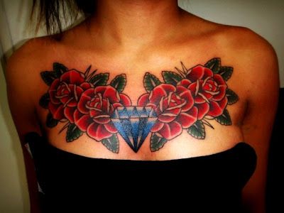 Tattoos by Dave Vartan: roses & diamond chest piece Rose Tattoo Chest Woman, Rose On Chest Tattoo For Women, Rose In Middle Of Chest Tattoo, Diamond Chest Tattoo, Rose Tattoo On Chest Female, Diamond Chest Tattoo Female, Red Rose Chest Tattoo, Chest Tattoos Women, Chest Tattoo Girl