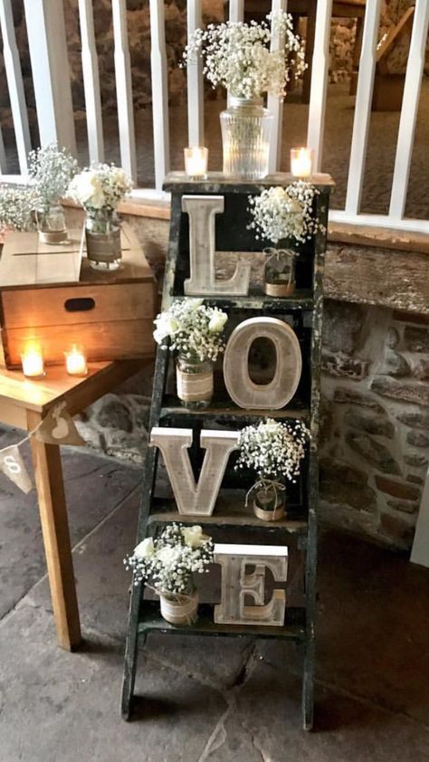 Love Ladder Wedding, Wood Ladder Wedding Decor, Valentine Ladder Decor, Love Letters Wedding Decor, Steel Blue Bridal Shower Ideas, Memory Ladder Wedding, Wedding Ladder Decor, Wedding Ladder, Ladder Wedding