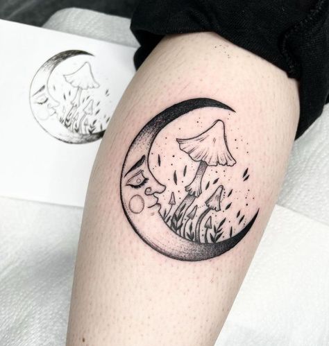 Mountain Mushroom Tattoo, Double Crescent Moon Tattoo, Moon Nature Tattoo, Cartoon Moon Tattoo, Moon And Mushroom Tattoo, Sun And Moon Mushroom Tattoo, Strawberry Moon Tattoo, Moon Mushroom Tattoo, Crescent Moon Face Tattoo