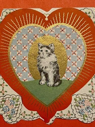 Vintage 1920s Die Cut Valentine Card White Persian Cat in Gold Sunburst Art Deco February Vintage Illustration, Valentines Vintage Aesthetic, Vintage Heart Illustration, Valentines Poster Design, Valentines Day Aesthetic Vintage, Valentine’s Day Art, Vintage Valentines Aesthetic, Red Vintage Aesthetic, Lovecore Art