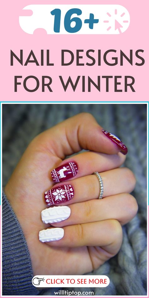 Enhance your winter style with our chic Nail Designs for Winter, bringing charm and elegance to your seasonal look. Explore unique snowflake patterns and cozy sweater designs to express your love for the winter season. Stand out with these creative and festive nail art ideas that will keep you on-trend all winter long, ensuring fabulous nails throughout the chilly months. Dark Sweater Nails, Holiday Sweater Nails, Winter Sweater Nail Designs, Sweater Pattern Nails, Sweater Nails Winter, Sweater Nail Art, Nail Designs For Winter, Winter Nails Art, Winter Nails Design