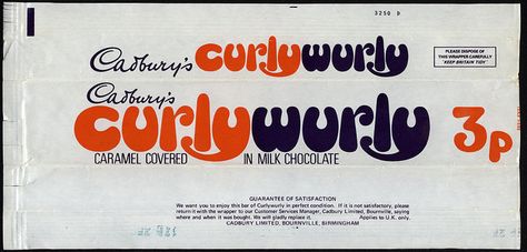 UK - Cadbury's CurlyWurly -Curly Wurly- 3p chocolate candy bar wrapper - 1970's by JasonLiebig, via Flickr 80s Sweets, Nostalgic Food, Old Sweets, Childhood Food, Sweet Wrappers, Curly Wurly, Vintage Sweets, Retro Things, 1970s Childhood