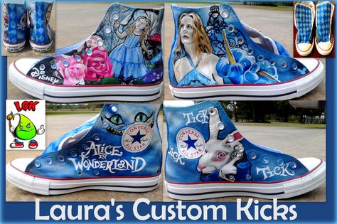 Custom Disney Alice in Wonderland Tim Burton shoes with Alice, Cheshire Cat, Rabbit, and flowers. Hand painted high top Converse. Check out "Laura's Custom Kicks" on Facebook. Alice In Wonderland Tim Burton, Rabbit And Flowers, Alice Cheshire Cat, Painted Canvas Shoes, Disney Alice In Wonderland, Cat Rabbit, Custom Kicks, High Top Converse, Shoe Ideas