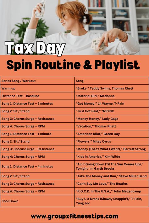 Tax Day Spinning Workout Routine and Playlist | GroupXFitnessTips.com Indoor Cycle Workout, Cycle Routines, Indoor Cycling Playlist, Spin Workout Playlist, Spin Cycle Workout, Indoor Cycle Routines, Spin Class Routine, Soul Cycle Workout, Spin Class Workout