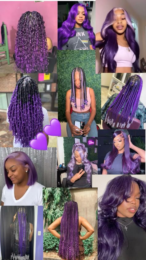 Purple And Brown Hair Ideas, Purple Goddess Braids, Purple Braids For Black Women, Purple Hair Braids, Purple Hair Black Women, Purple Natural Hair, Hairstyles With Curled Hair, Blue Braids, Hairstyles List