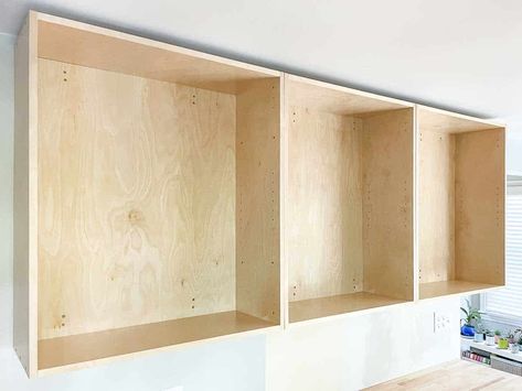 Diy Hanging Cabinet, Diy Wall Cabinet Bedroom, Kitchen Upper Shelves, Diy Wall Cupboard, Wall Cabinets Used As Base Cabinets, Hanging Cabinet Bedroom, Diy Kitchen Wall Cabinets, Bedroom Wall Cabinet Ideas, Build Laundry Cabinets