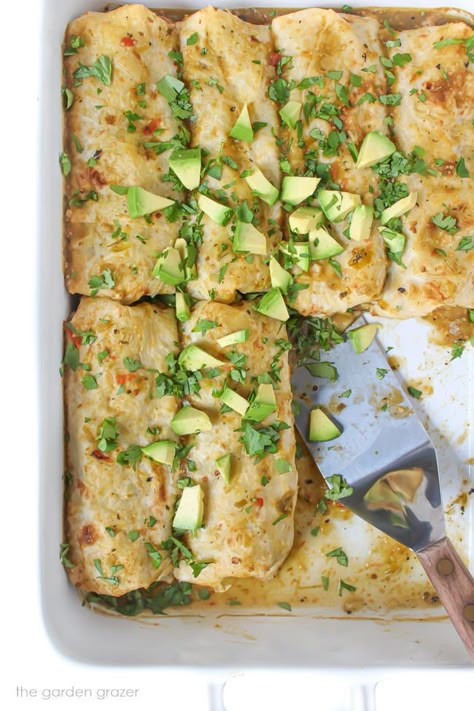 Vegan Green Enchiladas with White Beans (Easy!) - The Garden Grazer Green Enchiladas, Garden Grazer, Vegan Shredded Cheese, Enchilada Ingredients, Vegan Enchiladas, Vegan Mexican Recipes, Plant Based Diet Recipes, Vegan Mexican, Vegan Main Dishes