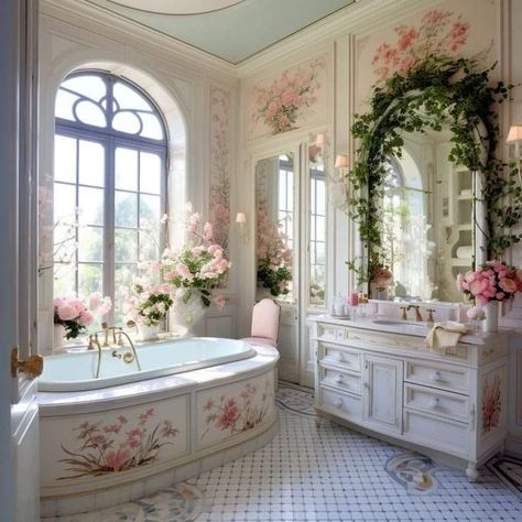 Shabby Chic Exterior House, Cottagecore House Interior Bathroom, Pink Cottagecore Bathroom, Cottagecore Bathroom Aesthetic, Bathroom Romantic, Antique Room Aesthetic, Pink Bathroom Aesthetic, Pink Vintage Bathroom, Bathroom Cottagecore