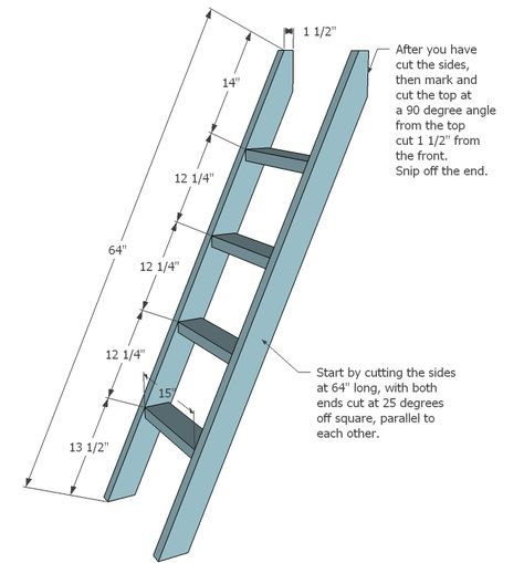 Bunk Bed Ladder Brackets | ladder for the ladder cut two 2x4s 64 long with both ends cut at 25 ... Bed Ladder, Bunk Bed Ladder, Stair Plan, Bunk Bed Plans, Triple Bunk Beds, Bed Stairs, Modern Bunk Beds, Diy Bunk Bed, Escalier Design