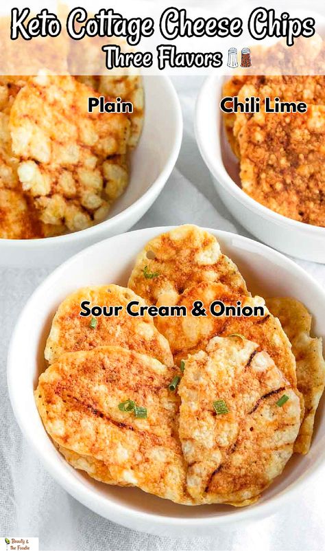 Three bowls of keto cottage cheese chips in three flavors. Keto Salt And Vinegar Chips, Healthy Chip Replacement, Crispy Keto Snacks, Keto Salty Crunchy Snacks, Keto With Cottage Cheese, Cottage Snacks Ideas, Hot Honey Cottage Cheese Chips, Keto Cottage Cheese Dip, Cottage Cheese Crisps Air Fryer