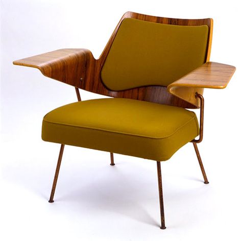 Robin Day.  I love the wing like arms of this chair. the provide plenty of space for a magazine or cup of coffee. I could easily see my self unwinding or starting my weekends with a coffee and a to-do list in this chair.  Repinned by derekeroche.com Runway Design, Lucienne Day, Furniture Magazine, Robin Day, Mid Century Lounge, Day Festival, Hall Furniture, Mid Century Lounge Chairs, Festival Hall