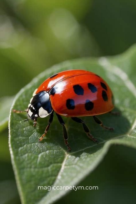 Ladybug with distinctive red and black spots on a green leaf. Ladybug Meaning, Meaning Of Red, Red Bugs, Lucky Ladybug, Yellow Ladybug, Angel Number 777, Black Ladybug, Angel Number 222, Symbolic Meanings