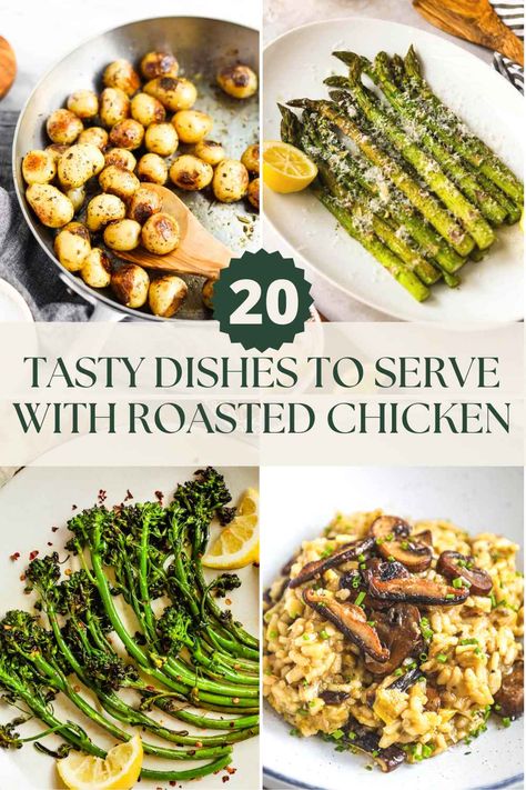 Looking for What to Serve With Roasted Chicken? Look no further! Below we list our favorite dishes to pair with roasted chicken, including our pan-fried potatoes, creamy risotto, healthy fritters, tasty veggies, and more. We love roasted chicken for a healthy weeknight dinner. We are always trying different dishes to pair with it. Below we've rounded up 20 dishes that we love with chicken so you know exactly what to make with your next roasted chicken dinner. What To Serve With Roast Chicken, Roasted Chicken Side Dishes, Roasted Chicken Sides, Sides For Roasted Chicken, Roast Chicken Dinner Sides, Roast Chicken Side Dishes, Roast Chicken Sides, Healthy Fritters, Tomato Tartlets