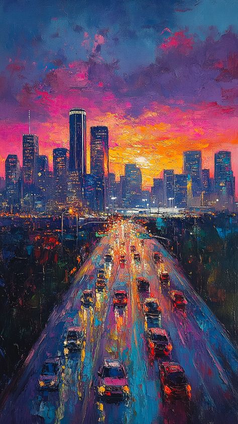 "Impressionist Houston Skyline at Dawn: A Colorful Oil Painting"